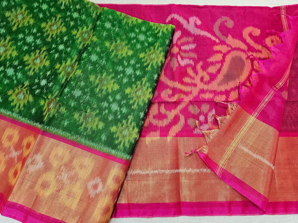 Green with Pink Pochampally Ikkat Silk Cotton (SICO Pattu)