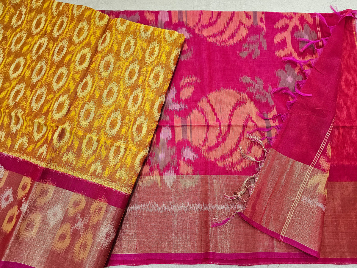 Mustard Yellow with Pink Pochampally Ikkat Silk Cotton (SICO Pattu)