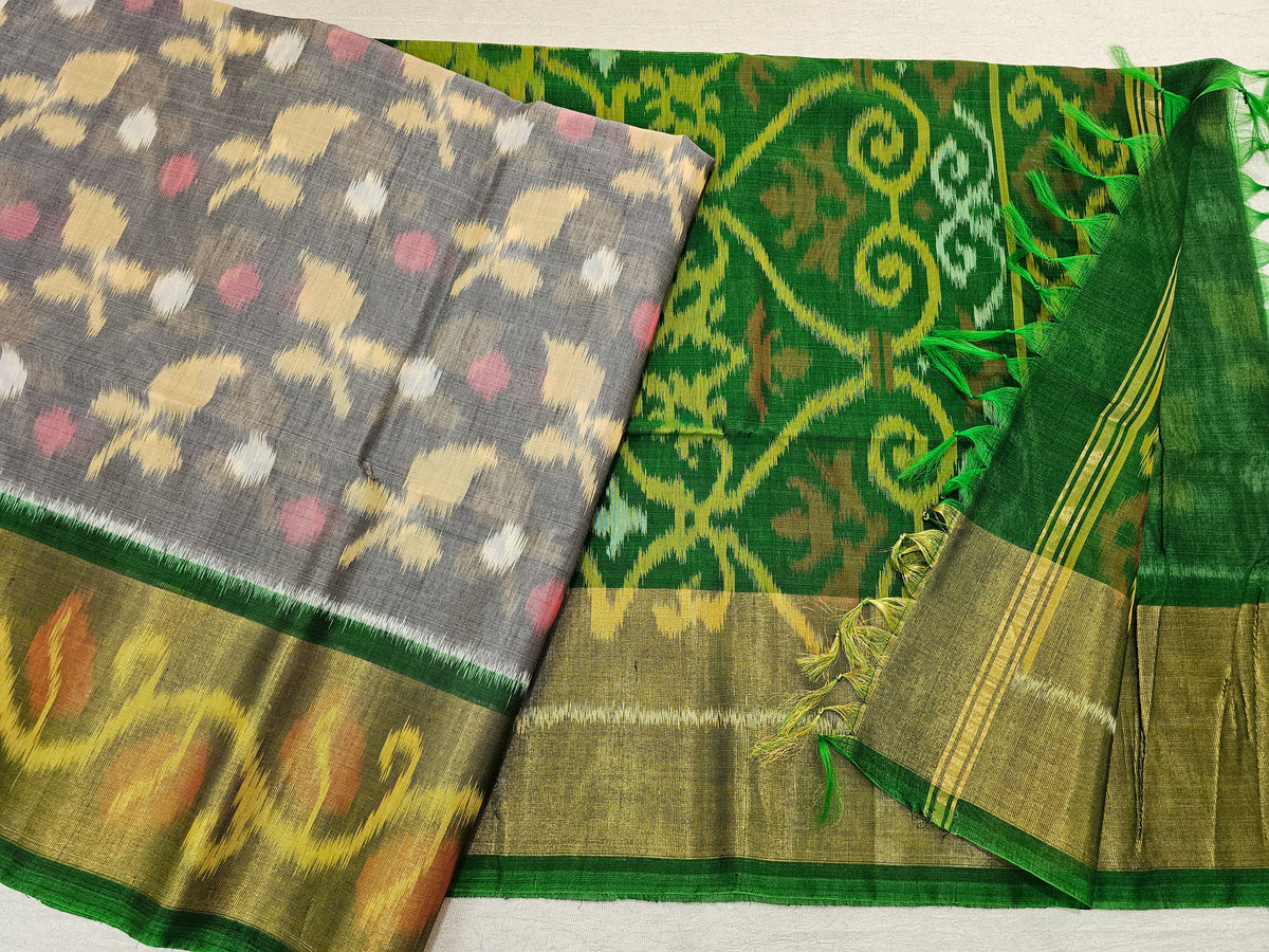 Grey with Green Pochampally Ikkat Silk Cotton (SICO Pattu)