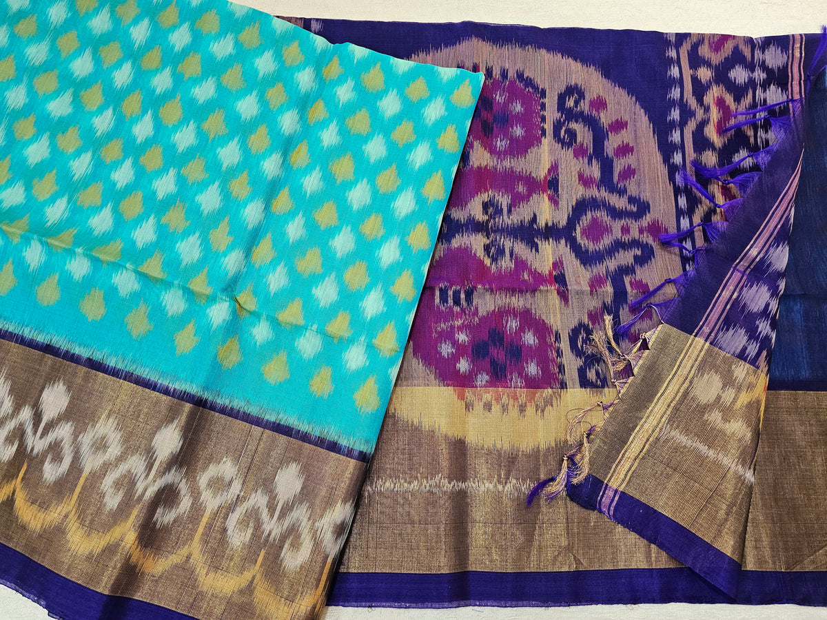 Sky Blue with Violet Pochampally Ikkat Silk Cotton (SICO Pattu)