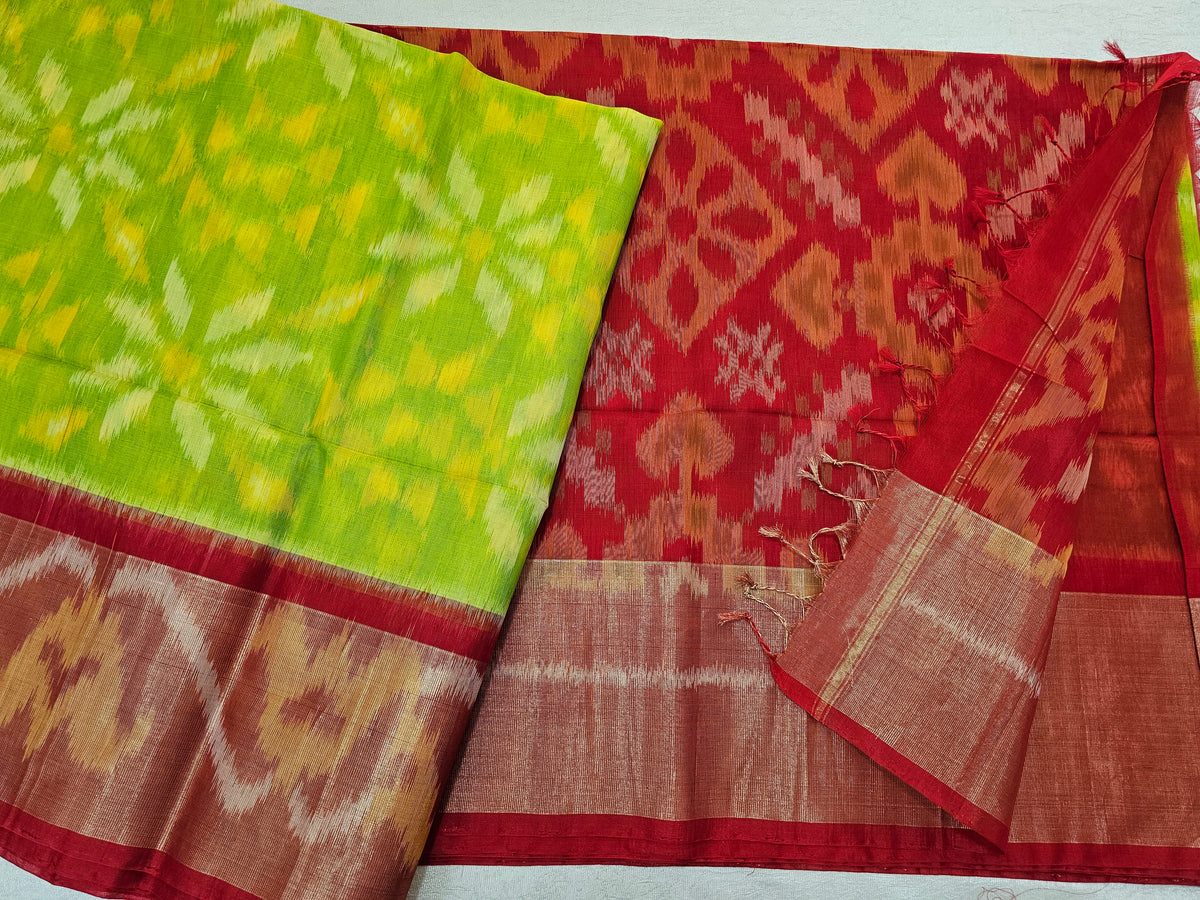 Green with Red Pochampally Ikkat Silk Cotton (SICO Pattu)