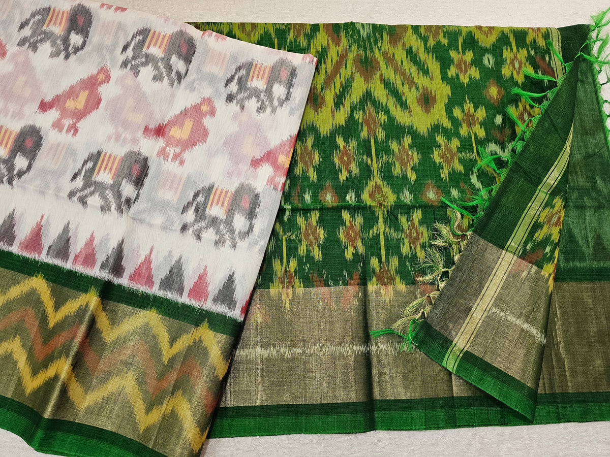 White with Green Pochampally Ikkat Silk Cotton (SICO Pattu)