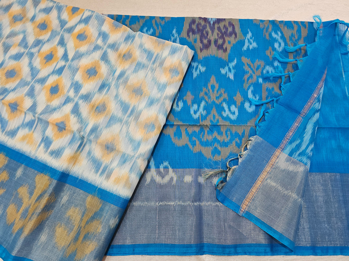 White with Blue Pochampally Ikkat Silk Cotton (SICO Pattu)