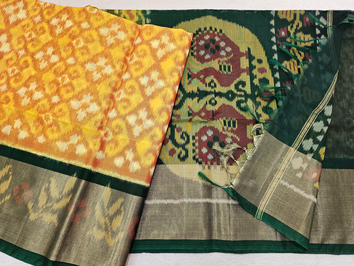 Mustard Yellow with Dark Green Pochampally Ikkat Silk Cotton (SICO Pattu)