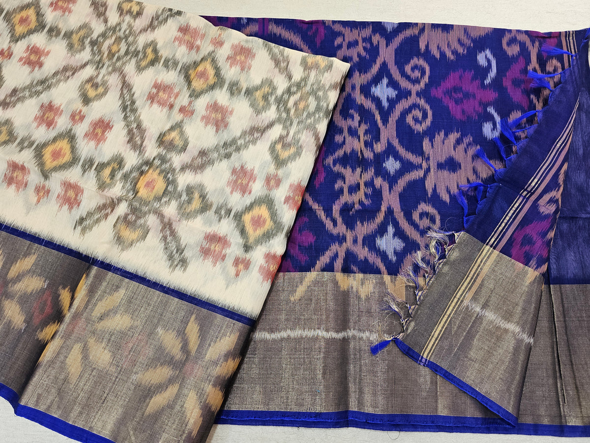 Off white with Blue Pochampally Ikkat Silk Cotton (SICO Pattu)