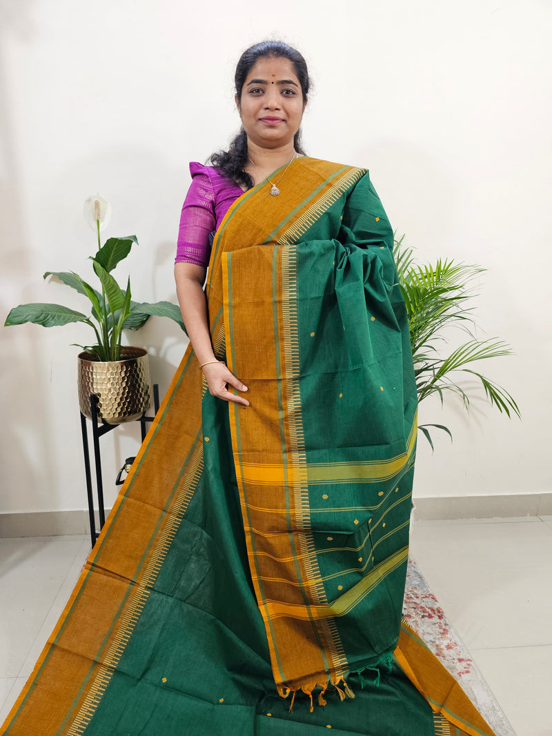 Kanchi Cotton Saree - Green with Mustard Yellow