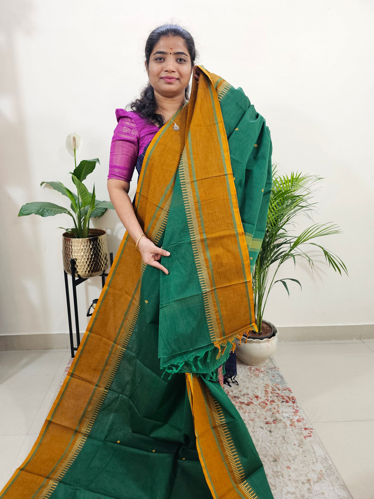 Kanchi Cotton Saree - Green with Mustard Yellow