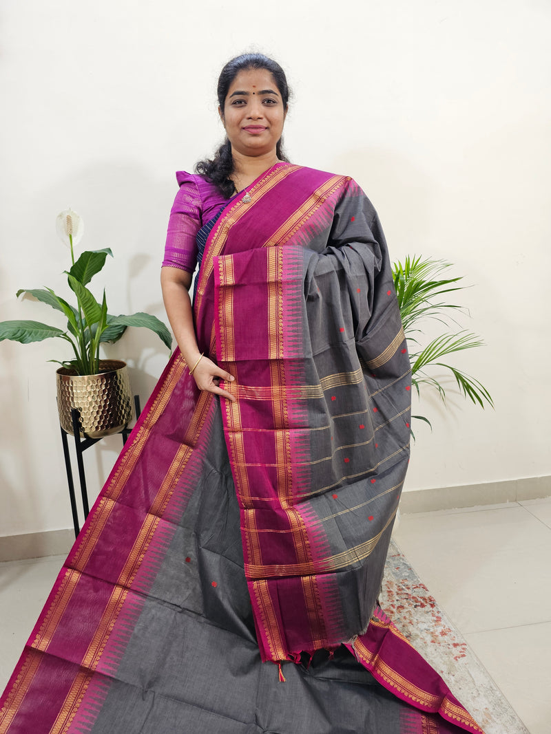 Kanchi Cotton Saree - Grey with Magenta Pink