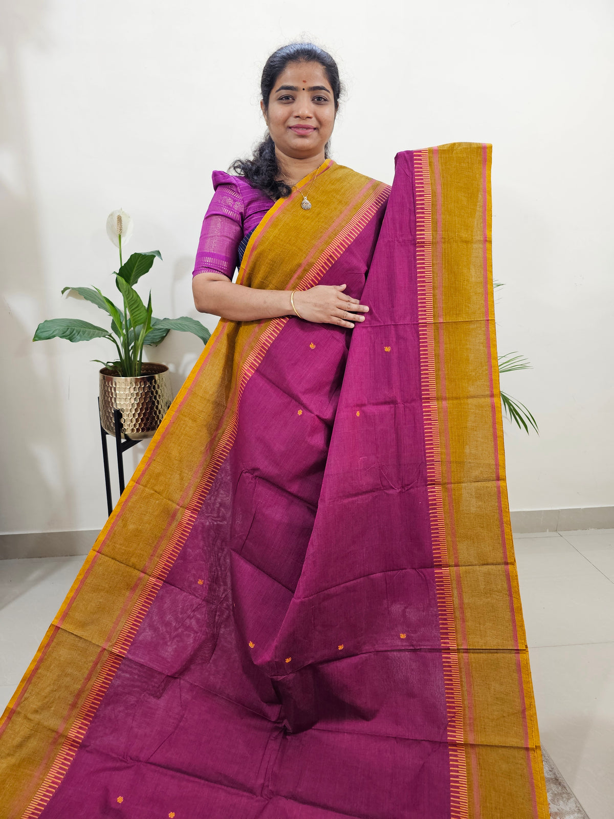 Kanchi Cotton Saree - Magenta Pink with Mustard Yellow