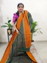 Kanchi Cotton Saree - Dual Shade Green with Orange