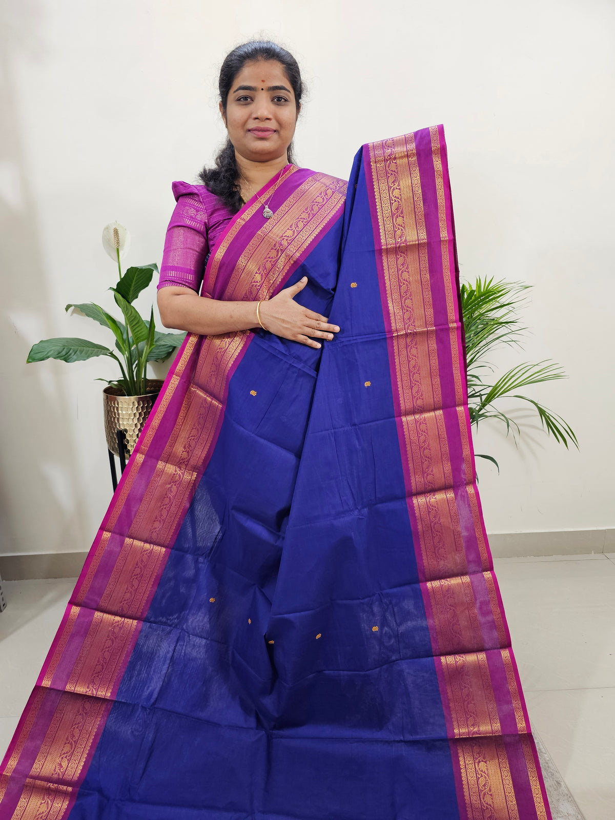 Kanchi Cotton Saree - Dark Blue with Magenta Pink