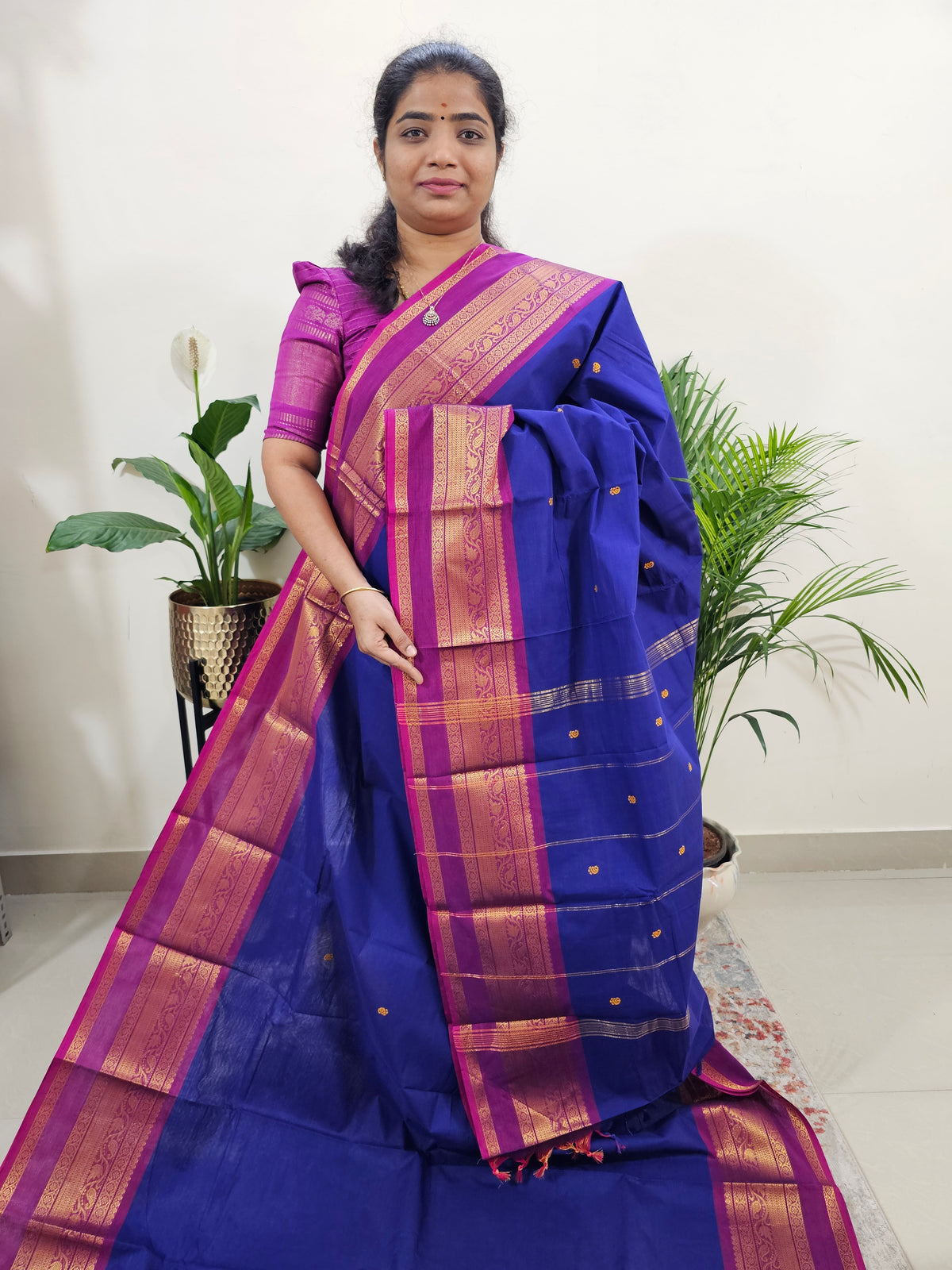 Kanchi Cotton Saree - Dark Blue with Magenta Pink