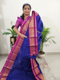 Kanchi Cotton Saree - Dark Blue with Magenta Pink