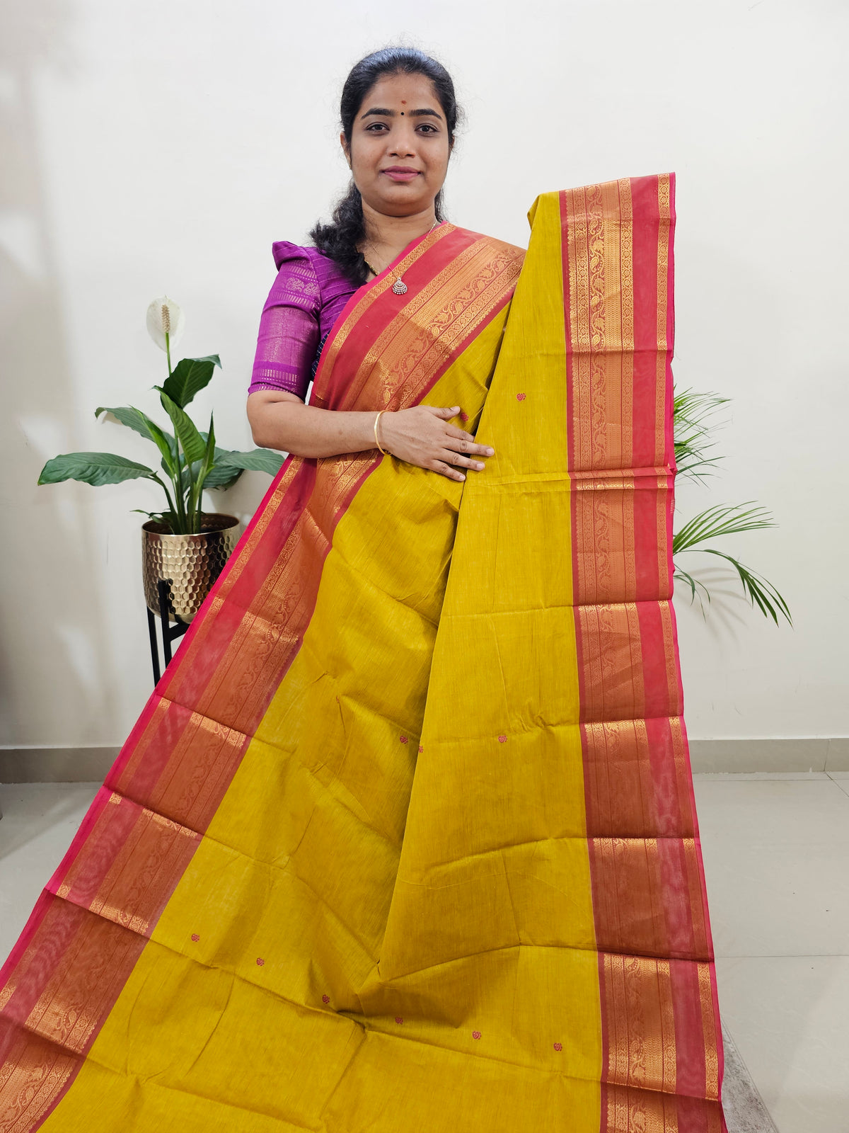 Kanchi Cotton Saree - Yellow with Pink