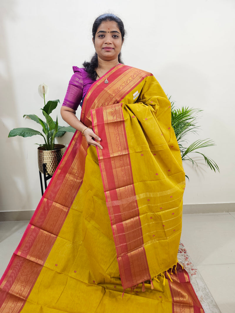 Kanchi Cotton Saree - Yellow with Pink