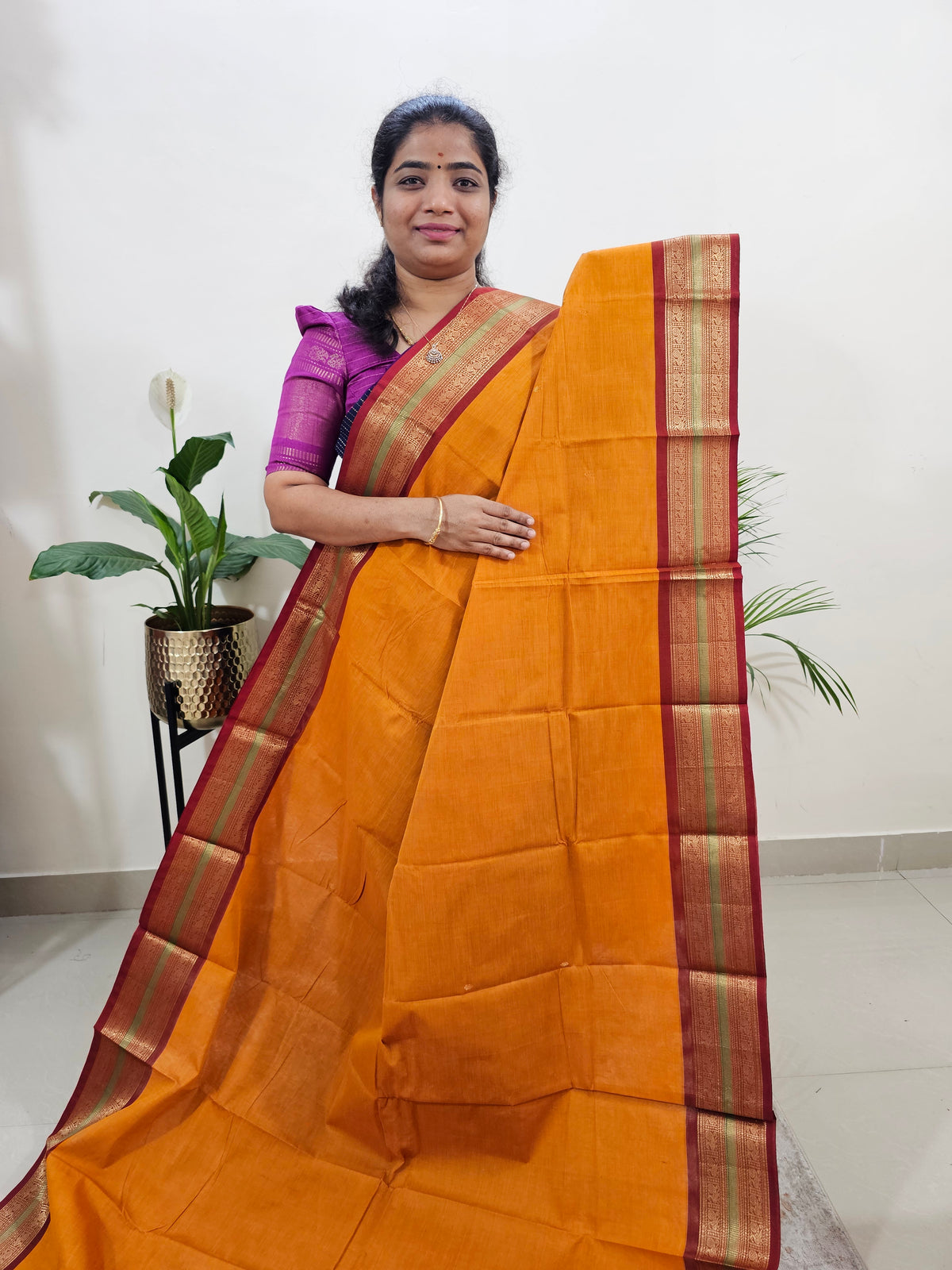 Kanchi Cotton Saree - Dark Orange with Brown