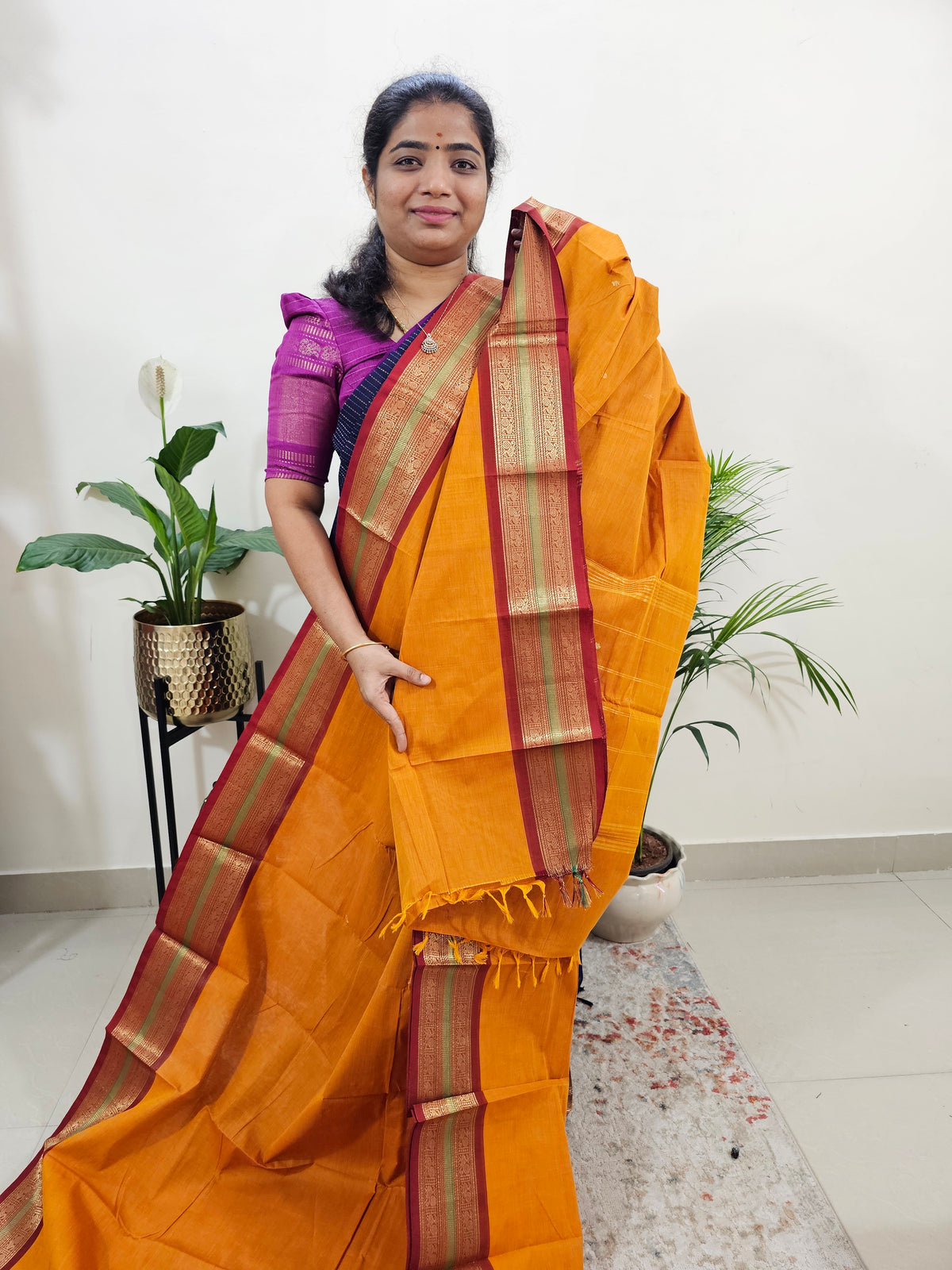 Kanchi Cotton Saree - Dark Orange with Brown