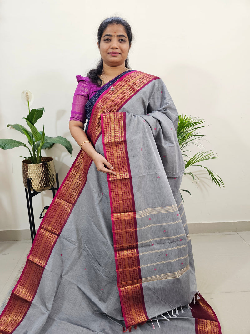 Kanchi Cotton Saree - Grey with Magenta Pink