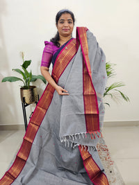 Kanchi Cotton Saree - Grey with Magenta Pink