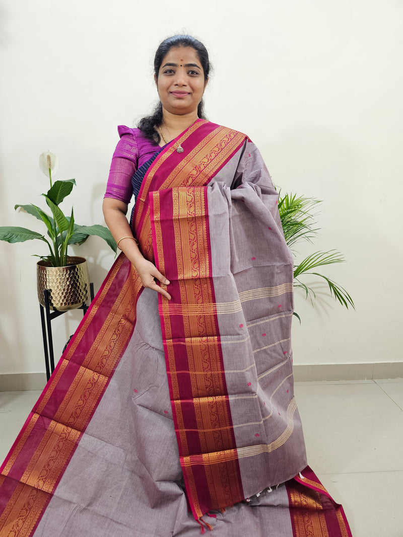 Kanchi Cotton Saree - Grey with  Magenta Pink