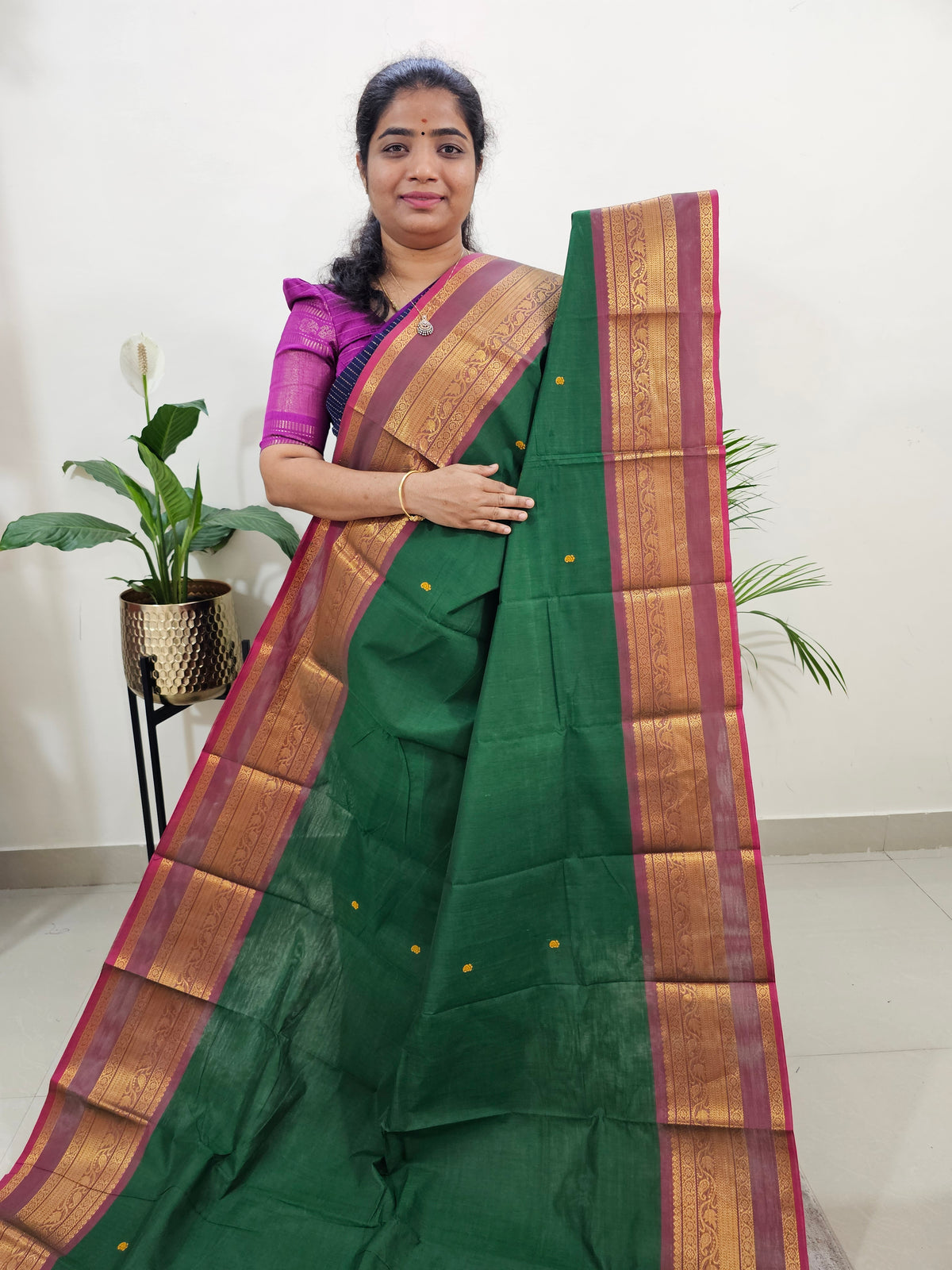 Kanchi Cotton Saree -Dark Green with Maroon