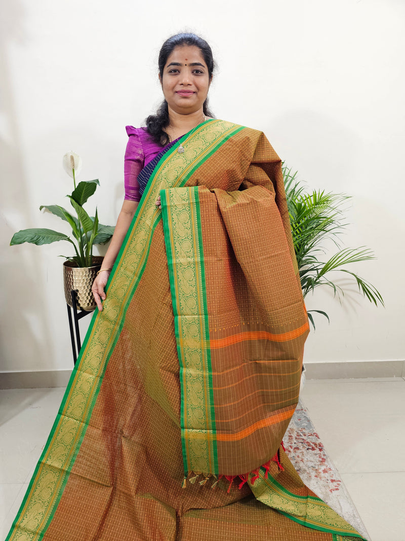 Dual Shade Brown cum Yellow with Green Lakshadeepam Pattern Kanchi Cotton Sarees