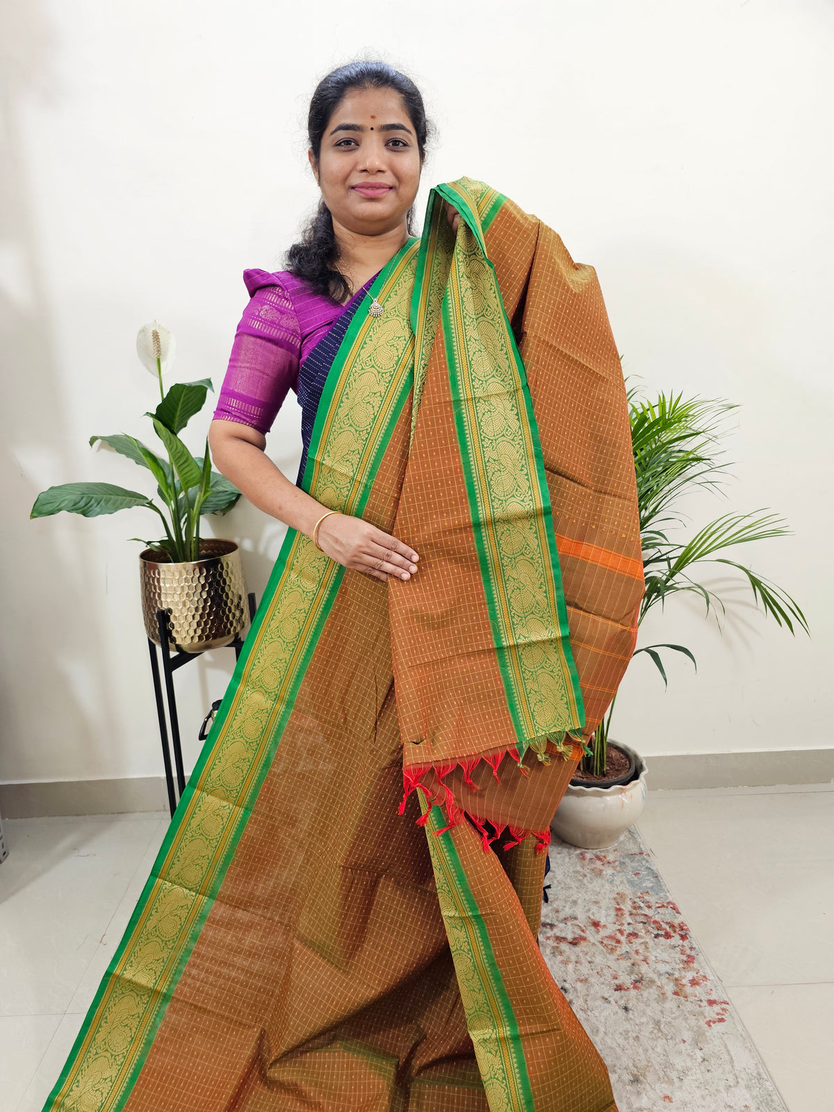 Dual Shade Brown cum Yellow with Green Lakshadeepam Pattern Kanchi Cotton Sarees