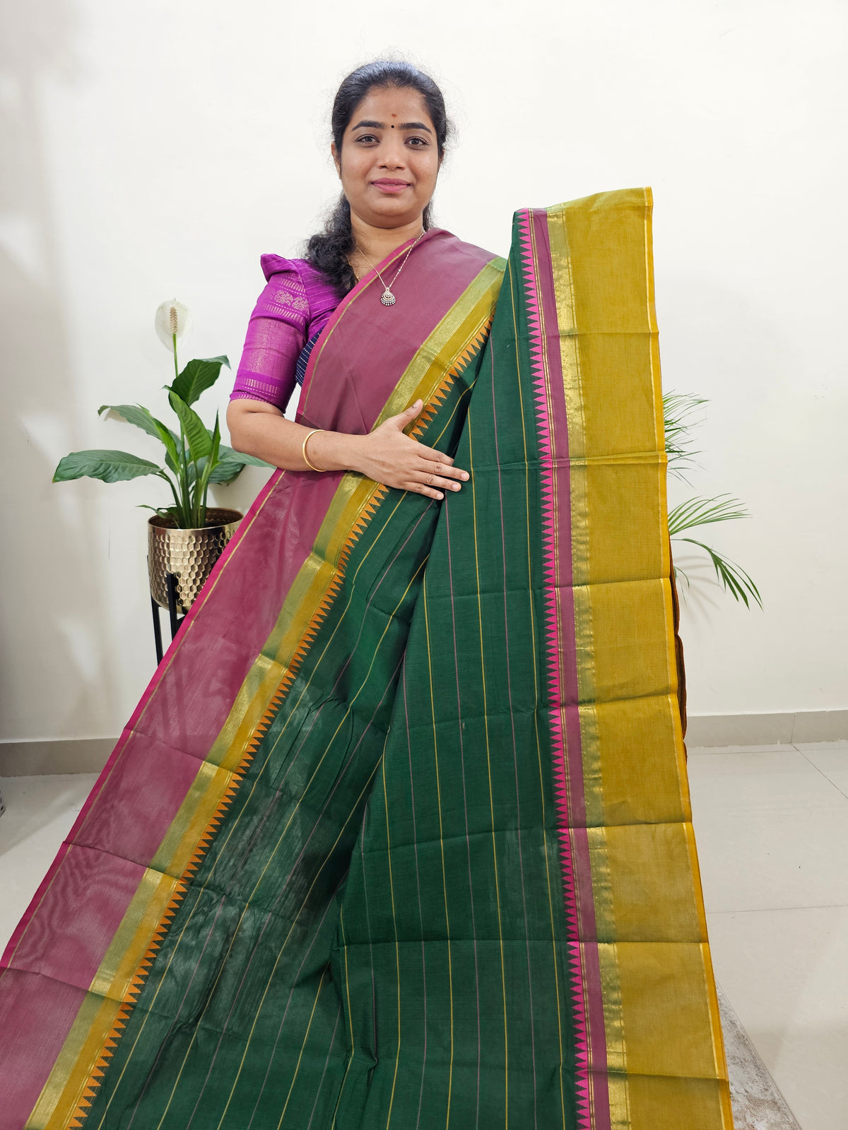 Kanchi Cotton Saree - Dark Green