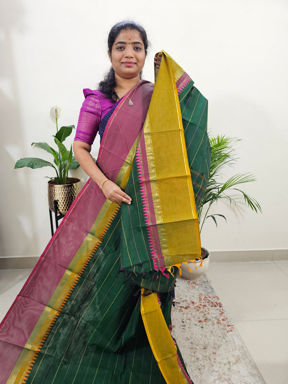 Kanchi Cotton Saree - Dark Green