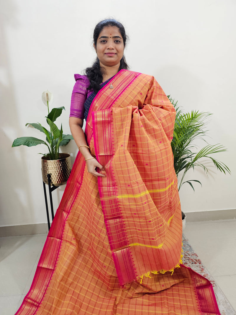 Kanchi Cotton Saree -Dual Shade Yellowish Orange with Pink