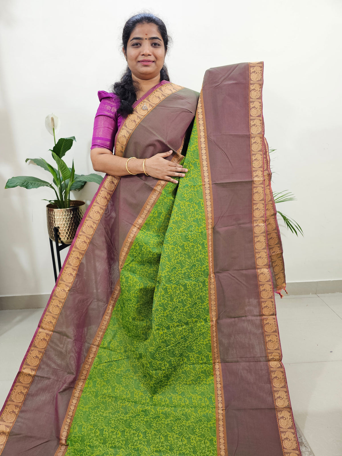 Green with Onion Pink Vanasingram Pattern Kanchi Cotton