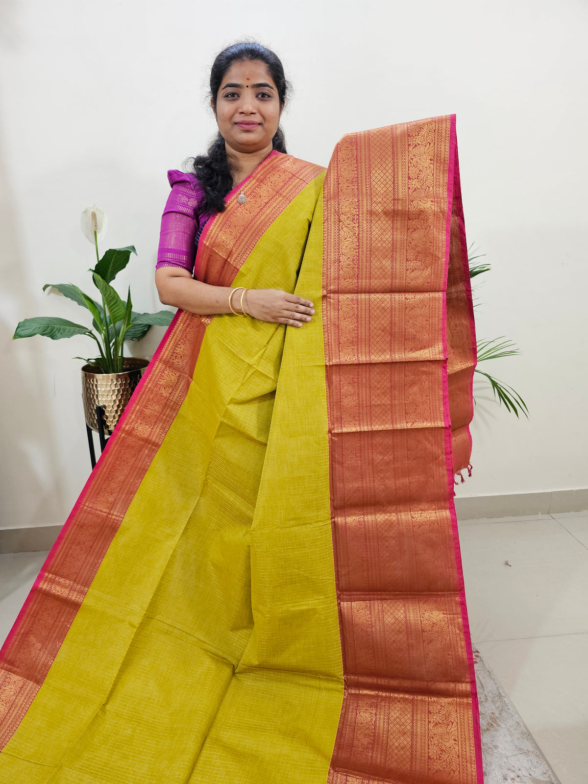 Special Long Border Kanchi Cotton Saree -Lime Yellow with Pink