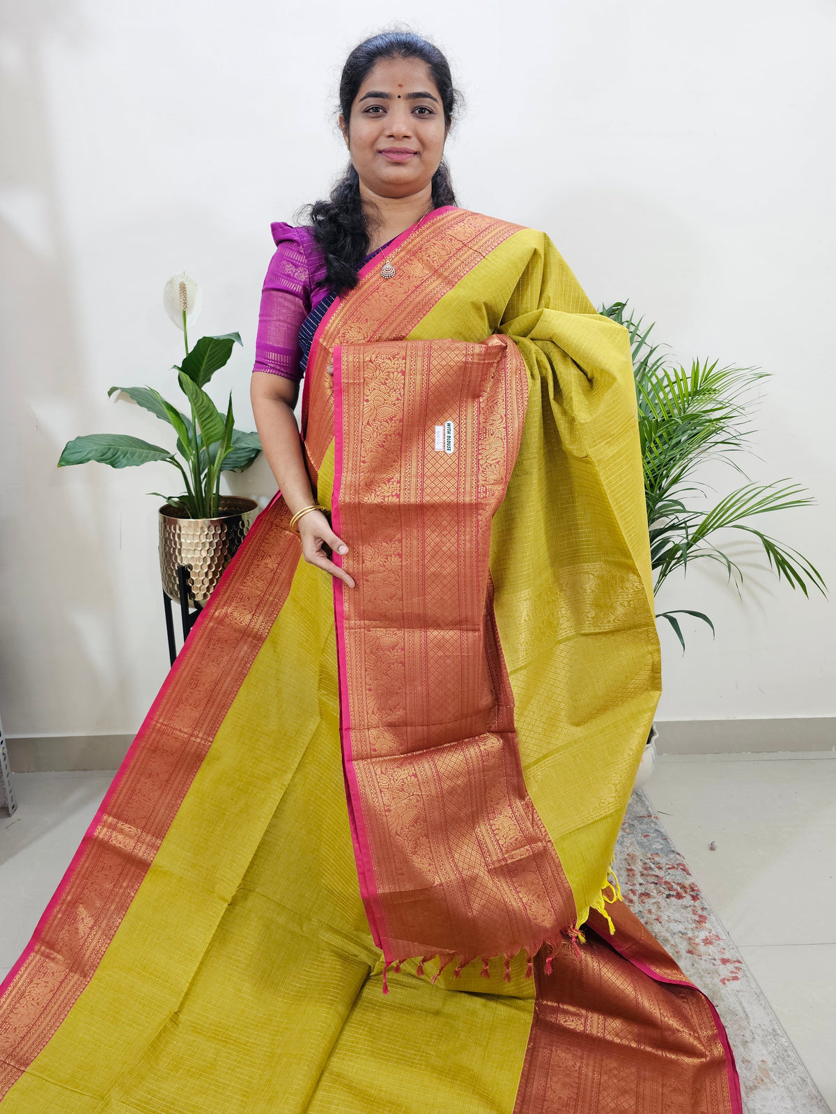 Special Long Border Kanchi Cotton Saree -Lime Yellow with Pink