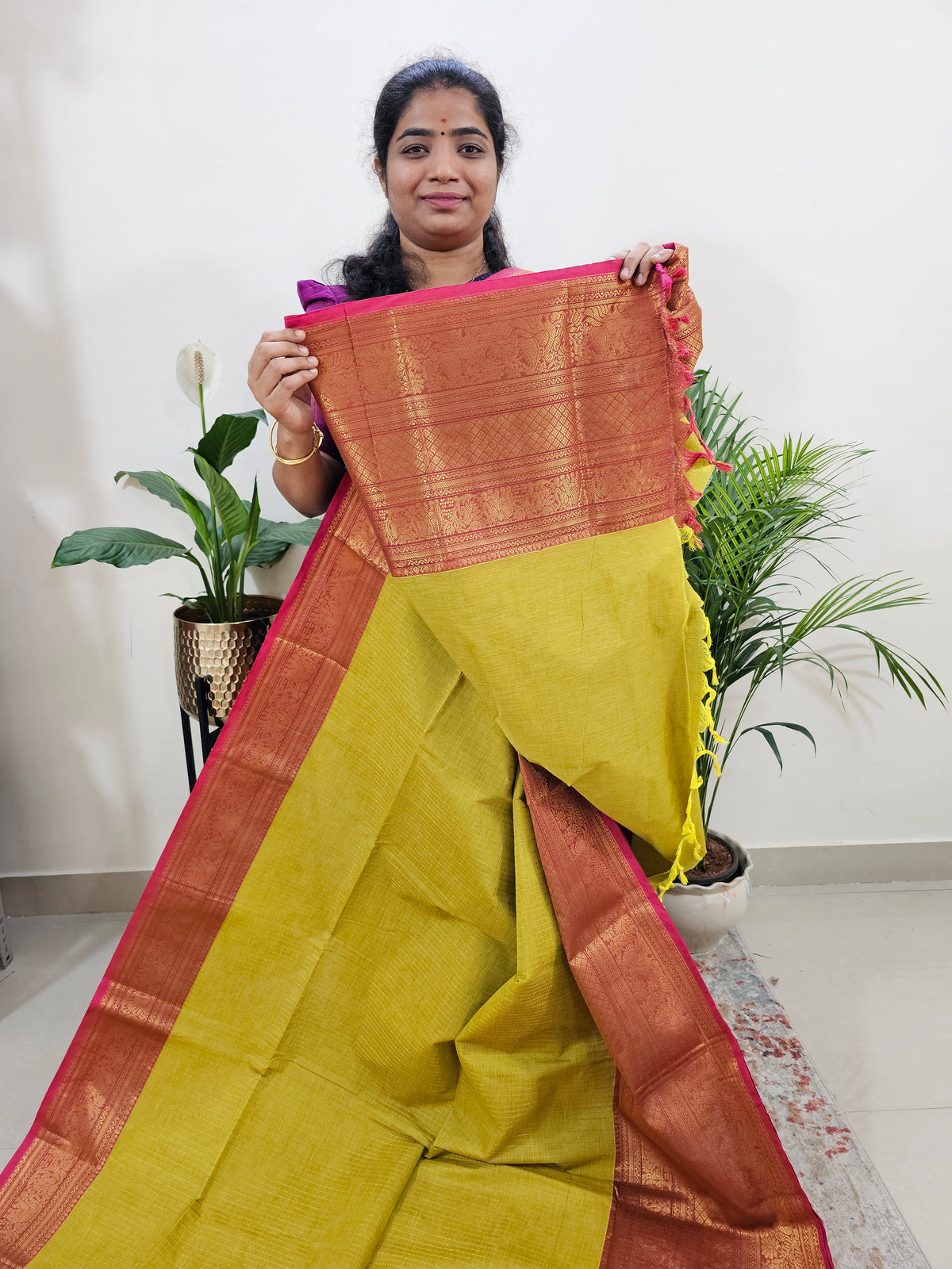 Special Long Border Kanchi Cotton Saree -Lime Yellow with Pink