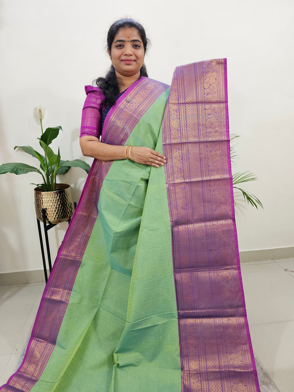 Special Long Border Kanchi Cotton Saree - Green with Purple