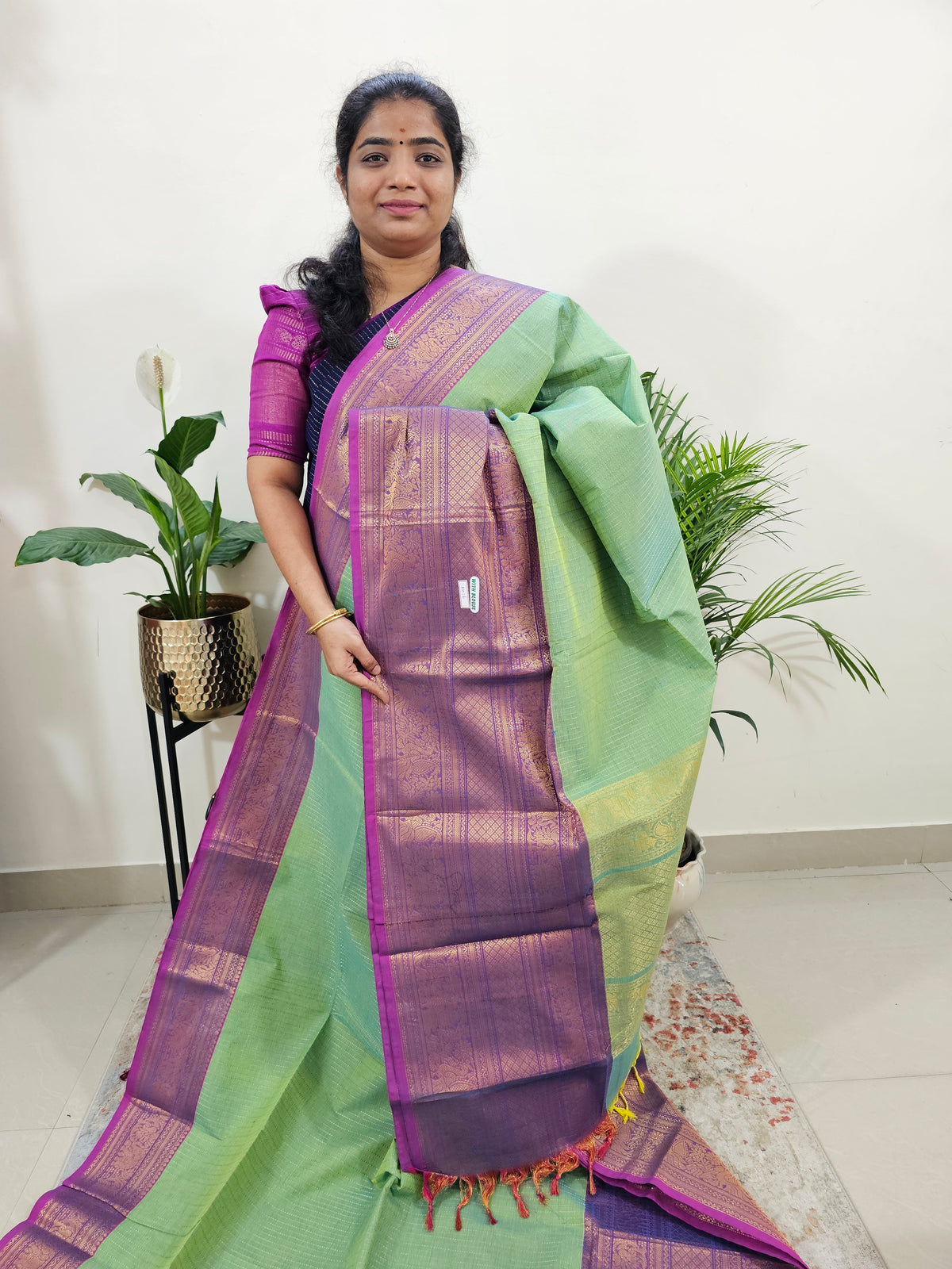 Special Long Border Kanchi Cotton Saree - Green with Purple