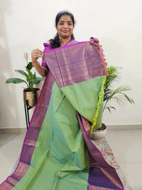 Special Long Border Kanchi Cotton Saree - Green with Purple