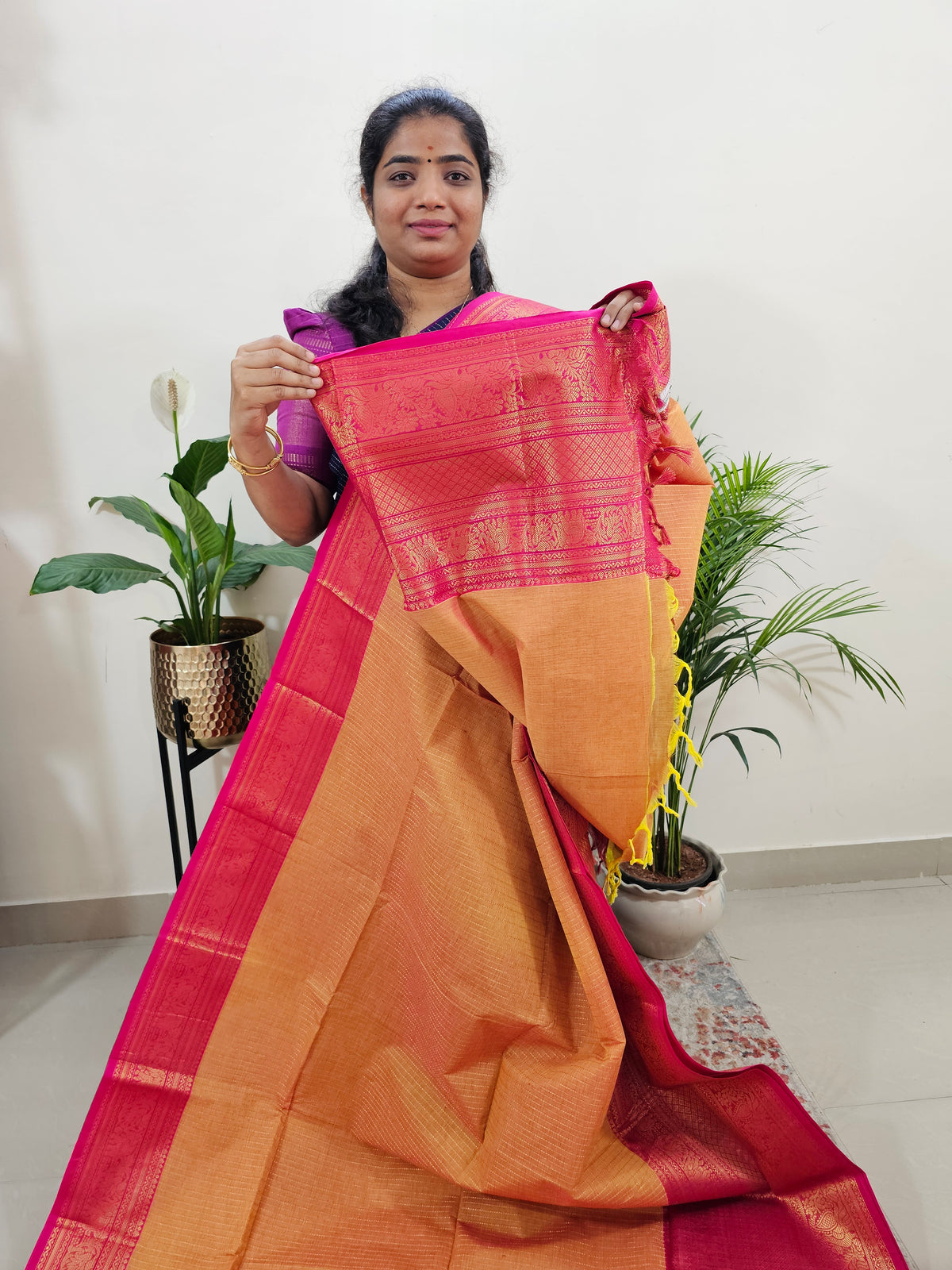 Special Long Border Kanchi Cotton Saree - Orange with Pink