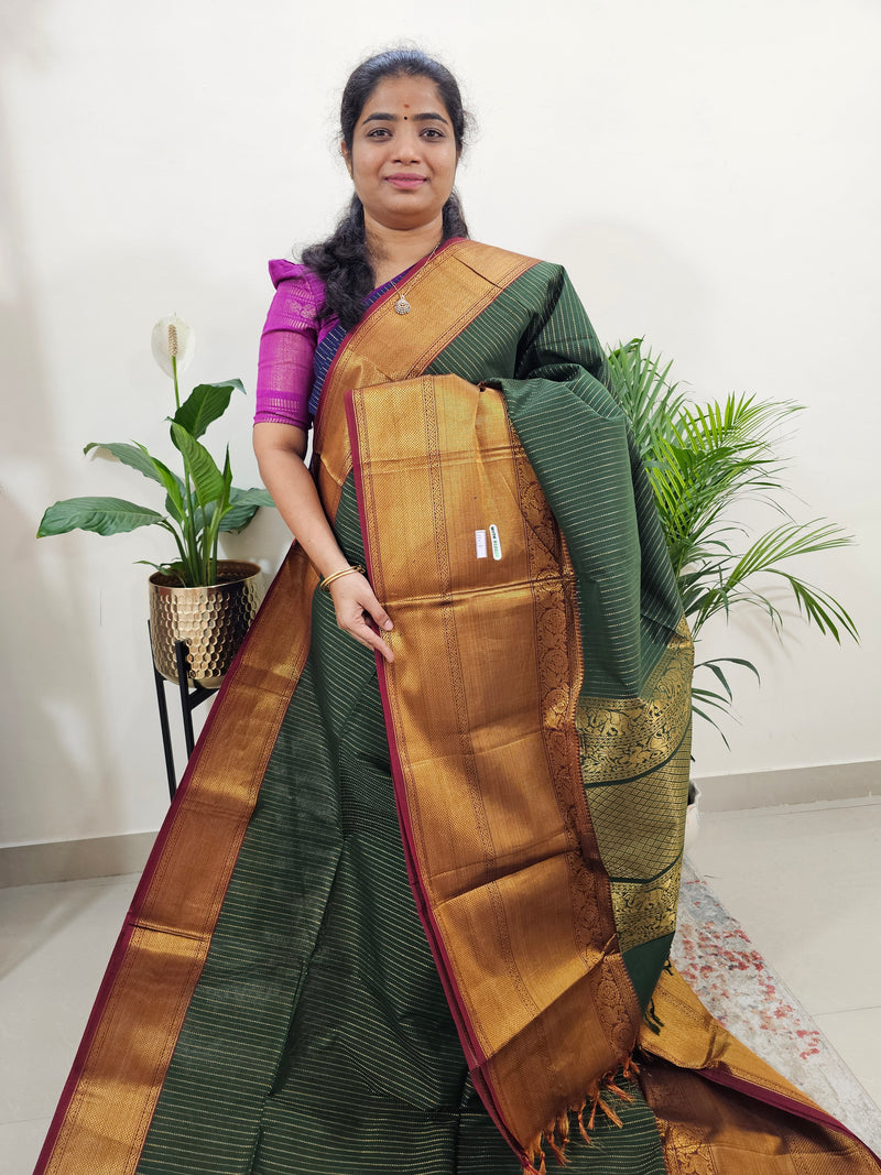 Special Long Border Kanchi Cotton Saree - Green with Maroon