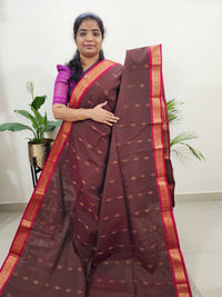 Special Border Grand Pallu Kanchi Cotton Saree - Brown with Red