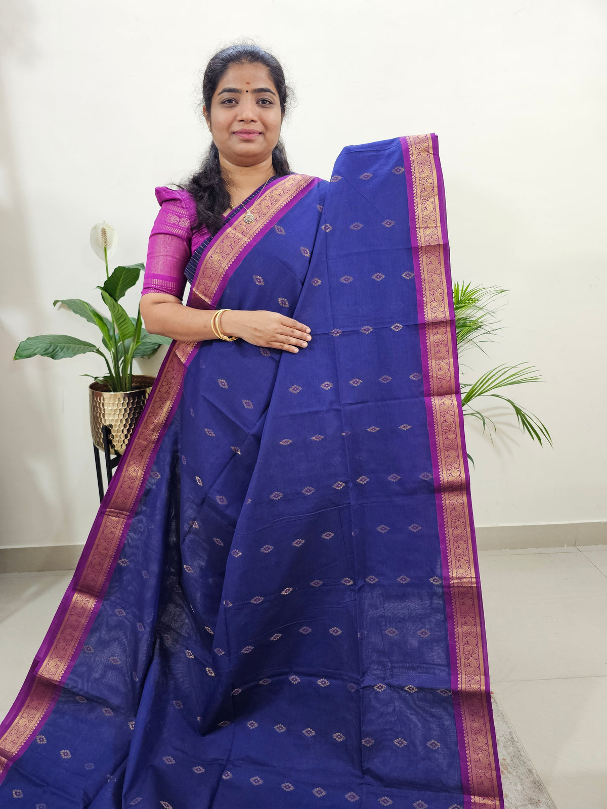 Special Border Grand Pallu Kanchi Cotton Saree - Blue with Purple