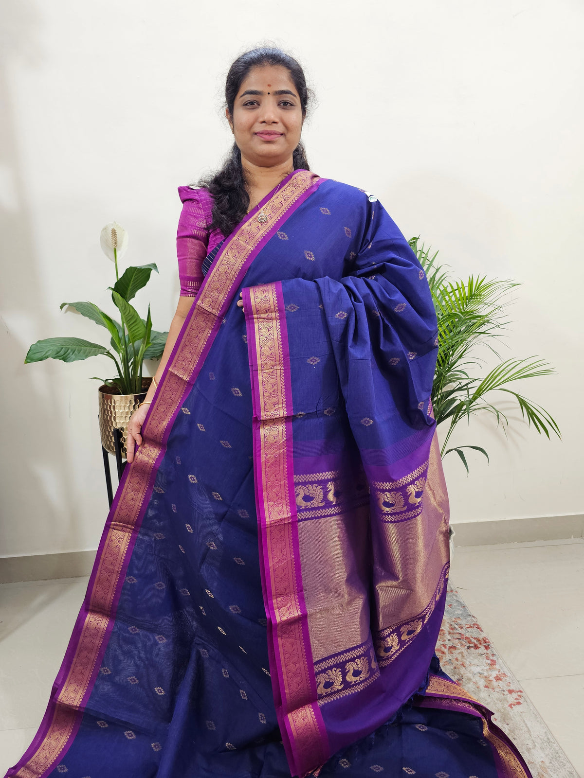 Special Border Grand Pallu Kanchi Cotton Saree - Blue with Purple