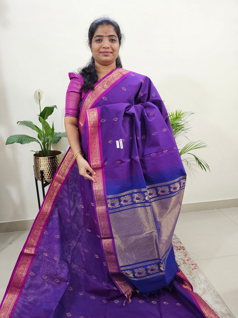 Special Border Grand Pallu Kanchi Cotton Saree - Purple with Blue