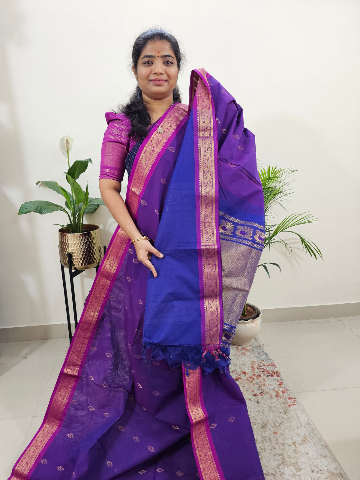 Special Border Grand Pallu Kanchi Cotton Saree - Purple with Blue