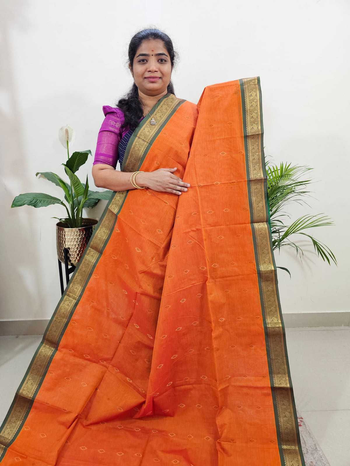 Special Border Grand Pallu Kanchi Cotton Saree - Orange with Green