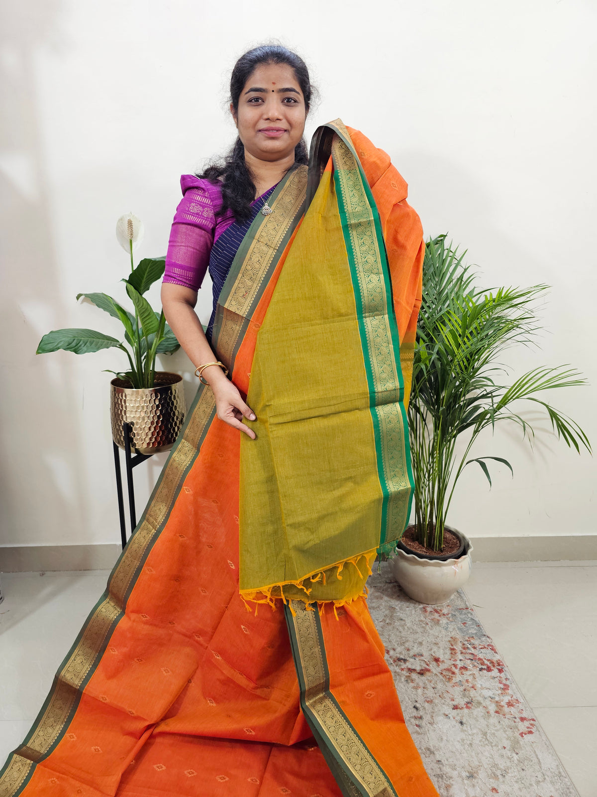 Special Border Grand Pallu Kanchi Cotton Saree - Orange with Green