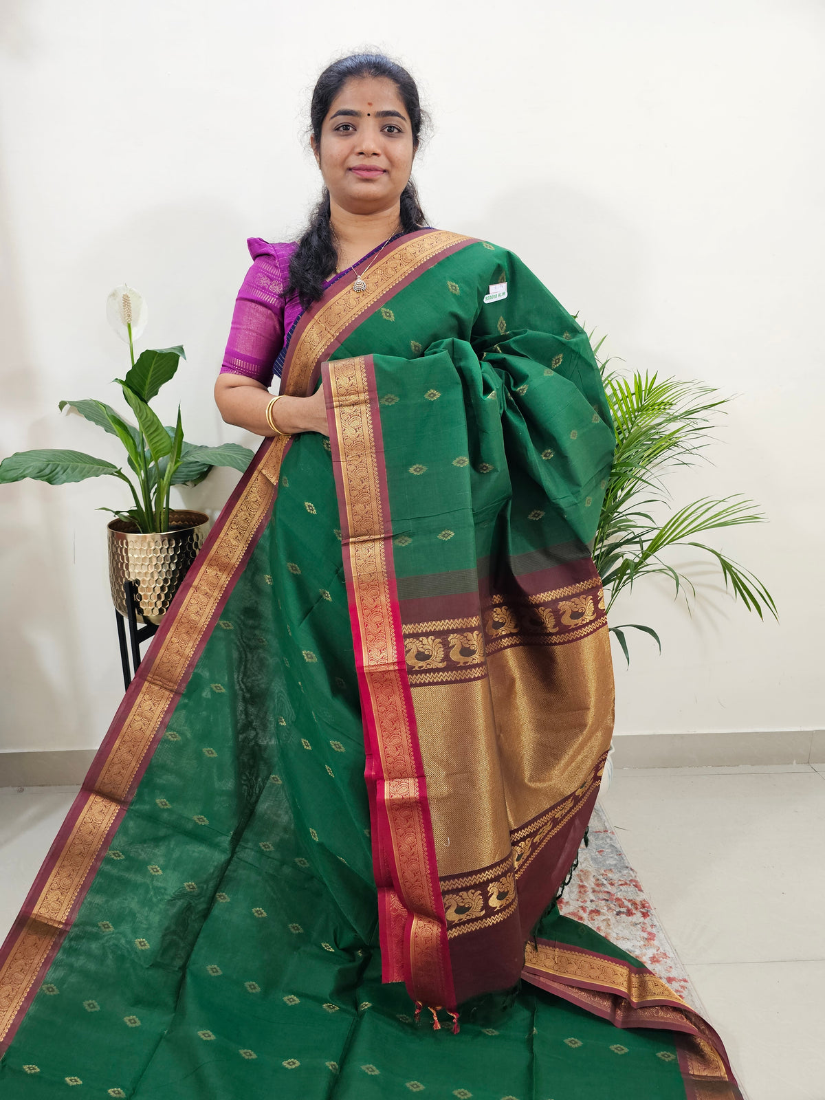 Special Border Grand Pallu Kanchi Cotton Saree - Green with Maroon