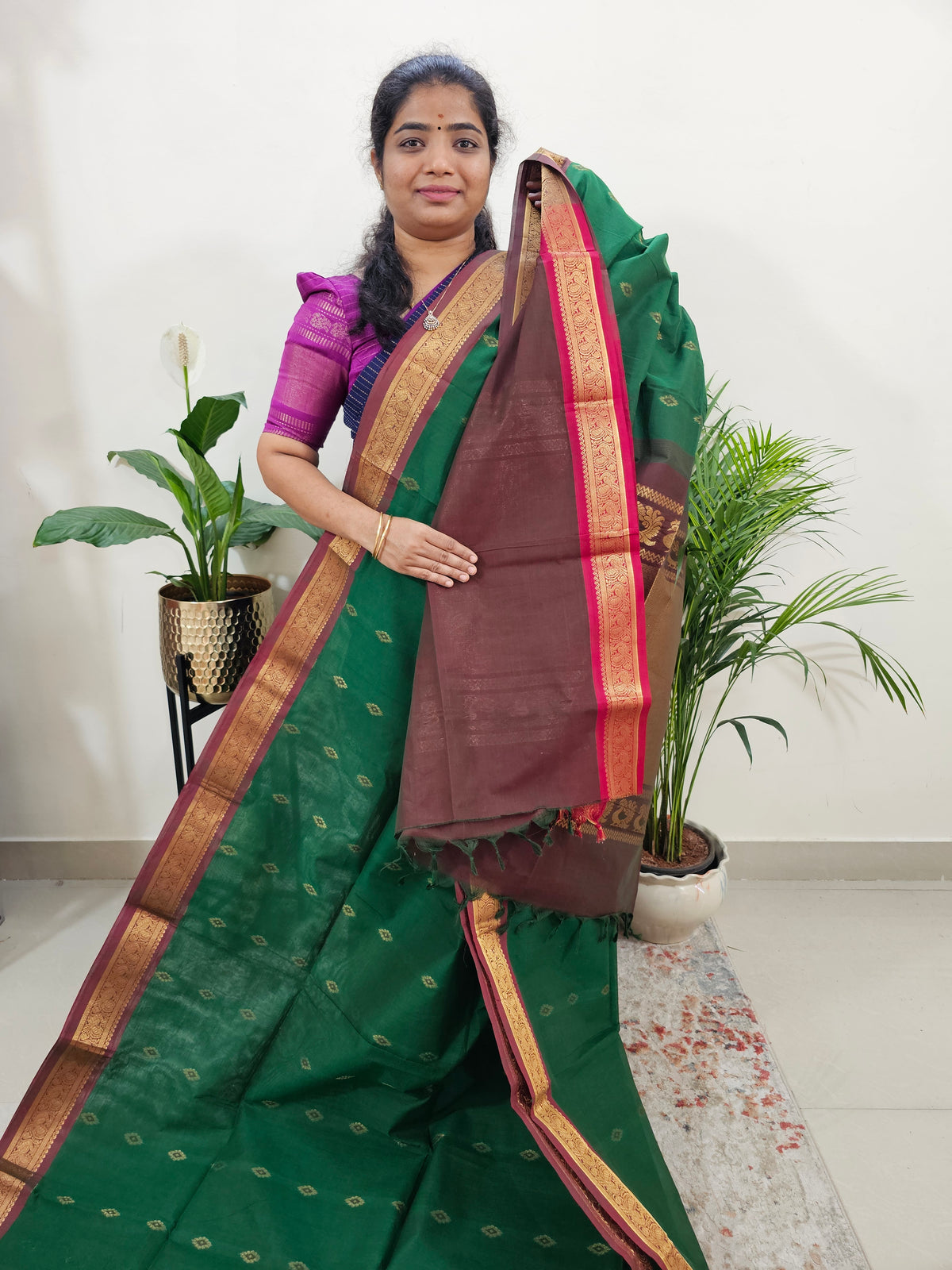 Special Border Grand Pallu Kanchi Cotton Saree - Green with Maroon