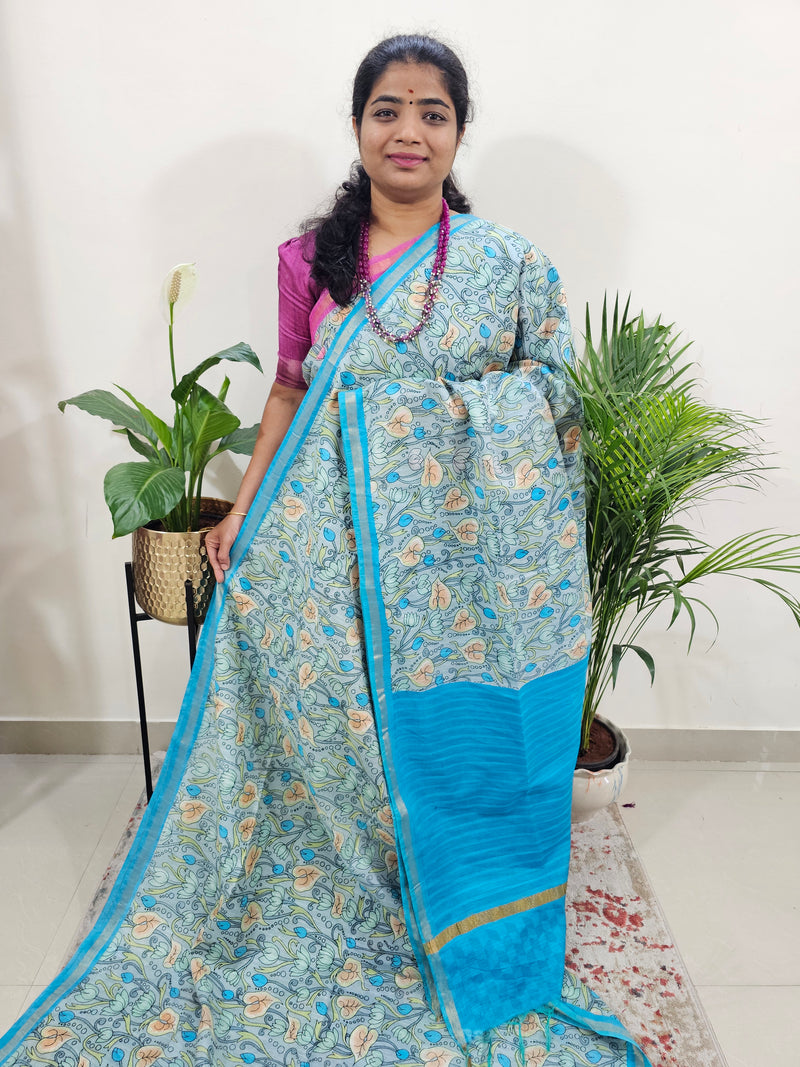 Tussar by Cotton Kalamkari- Grey with Blue