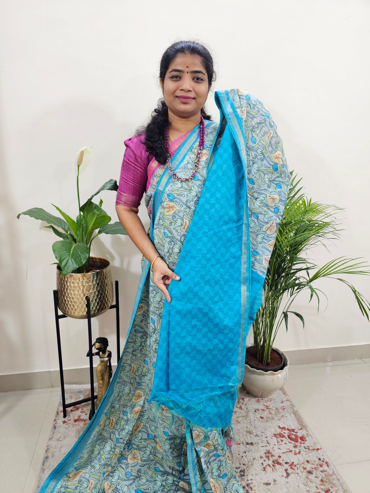 Tussar by Cotton Kalamkari- Grey with Blue